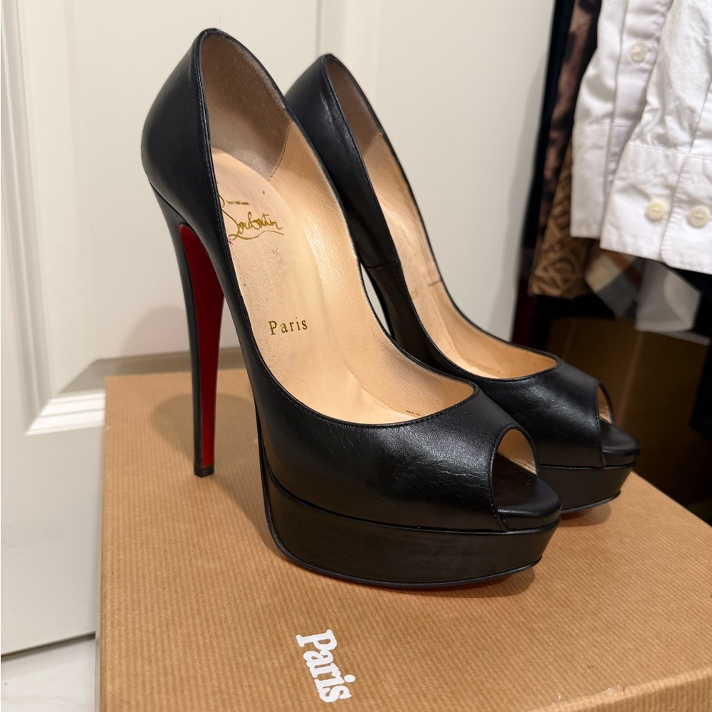 Christian Louboutin Black Platform Peep Toe Heels